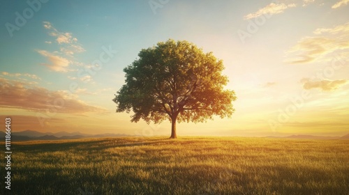 A solitary tree stands majestically in an open field as the sunset casts vibrant colors across the sky, creating a tranquil atmosphere. Generative AI