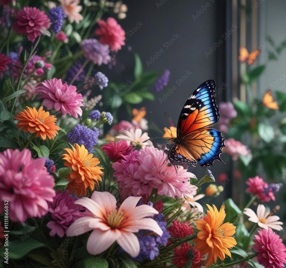 colorful butterflies resting on a flower amidst a beautiful and intricate floral arrangement, botanical, nature colorful butterflies resting on a flower amidst a beautiful and intricate floral arrangement, botanical, nature