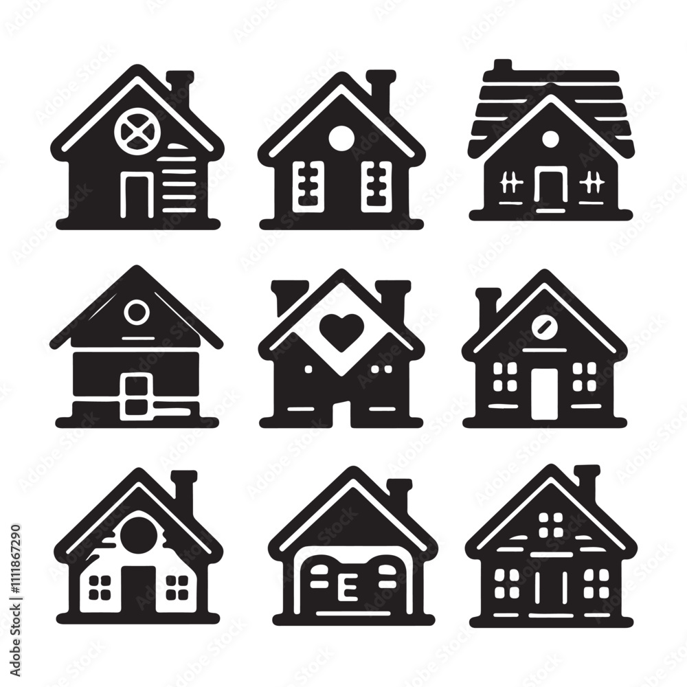 Symbols or icons of houses, buildings isolated on black. Silhouette Symbols or icons of houses, buildings isolated on black. Silhouette