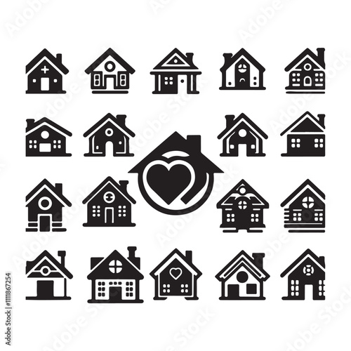 Symbols or icons of houses, buildings isolated on black. Silhouette 