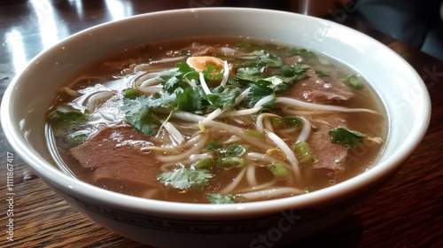 Vietnamese pho with beef, rice noodles, bean sprouts, and fresh herbs in a bowl..