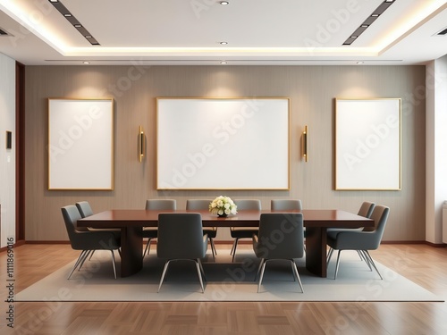 A mockup of an office wall art template featuring a modern and stylish design in a conference room setting, conference, design