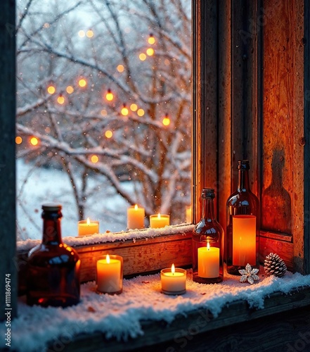 Warm ambiance created by lit candles and amber bottles on a winter window, peaceful, warm ambiance