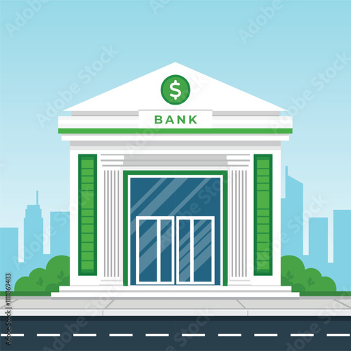 Modern bank building facade with dollar sign, financial institution exterior.