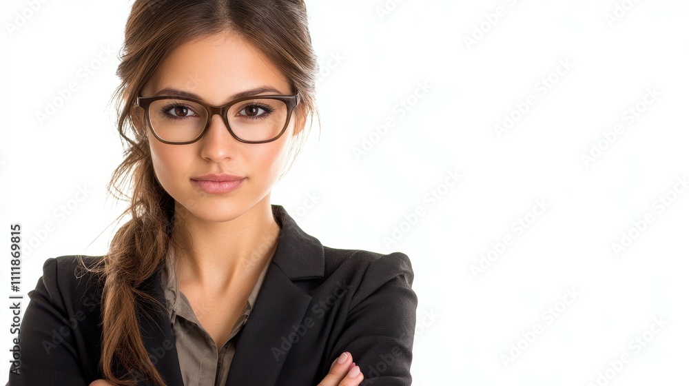 A woman wearing glasses and a black suit. She is looking directly at the camera. Concept of professionalism and confidence A woman wearing glasses and a black suit. She is looking directly at the camera. Concept of professionalism and confidence