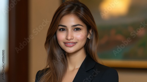 A woman in a black suit is smiling for the camera. She has long brown hair and is wearing earrings