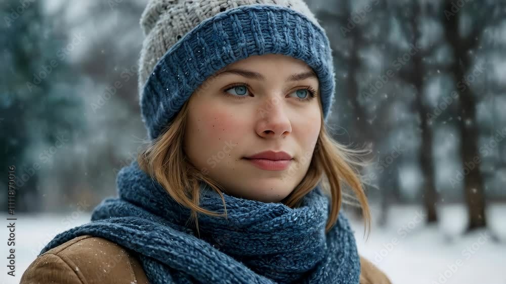 A close-up portrait of a slightly bored blue eyed young woman in a snowy environment A close-up portrait of a slightly bored blue eyed young woman in a snowy environment