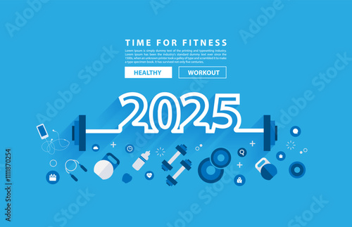 2025 new year fitness concept workout typography alphabet design with equipment. Vector illustration flat modern layout template