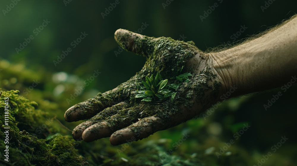 Hand holding green plants in a mossy forest environment during daylight hours Hand holding green plants in a mossy forest environment during daylight hours