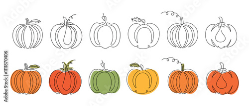 Set of line art pumpkins drawn with single continuous line isolated on white background, featuring black and color versions. Concept of minimalism, autumn harvest, Halloween decoration, Thanksgiving