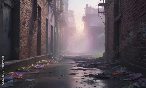 Pastel rainbow mist rises from the ground in a dark, abandoned alleyway, rainbow smoke, atmospheric conditions , mysterious ambiance photo