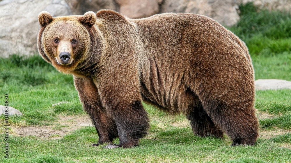 A brown bear standing in a grassy field. The bear is looking at the camera A brown bear standing in a grassy field. The bear is looking at the camera