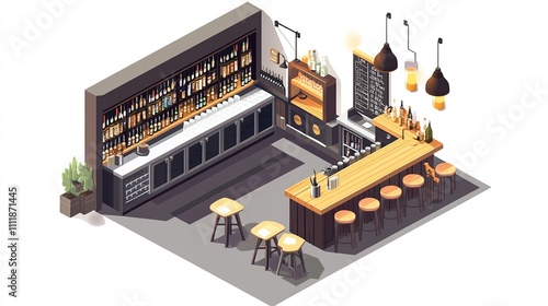 Modern and minimalist beer shop interior in isometric style isolated on white background photo