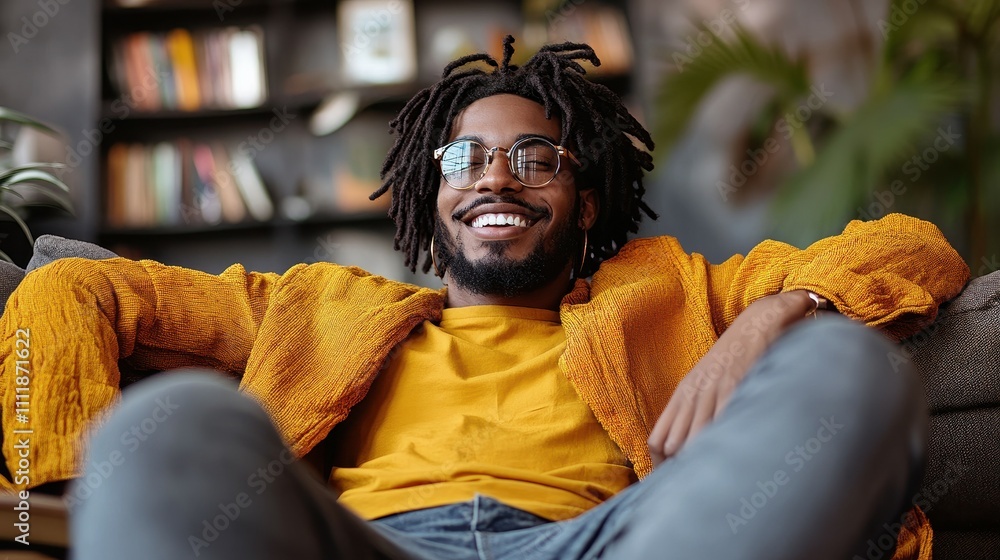 Obraz premium A man with dreadlocks and glasses is sitting on a couch with a smile on his face. He is wearing a yellow jacket and jeans