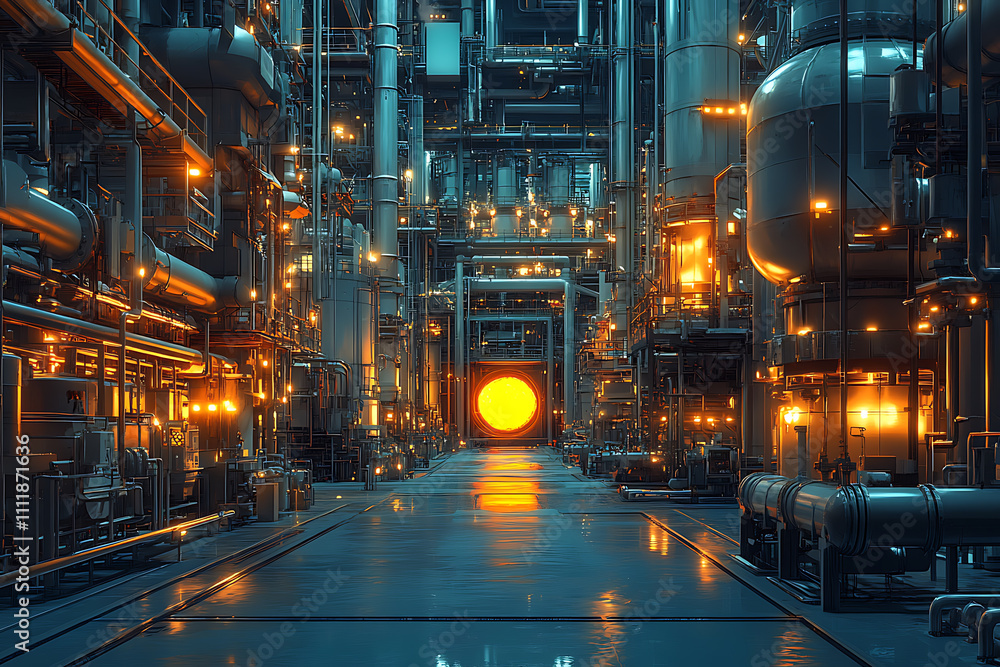 Fototapeta premium Industrial pipeline transport for petrochemical and gas processing, showing steel pipes, furnace factory lines, and heat-processing equipment in a large-scale plant