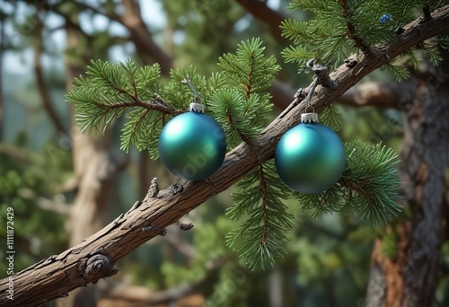 Delicate green and blue-green ornament resting on a gnarled pine branch, festive decoration, verdant foliage, whimsical ambiance photo