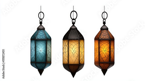 Colorful decorative lanterns in blue, amber, and orange, ideal for enhancing ambient light in home decor or festive settings.