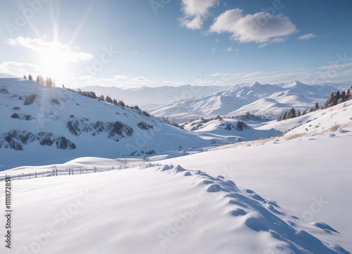 A blanket of pristine snow covers the rolling hills , rolling hills, snow-covered field