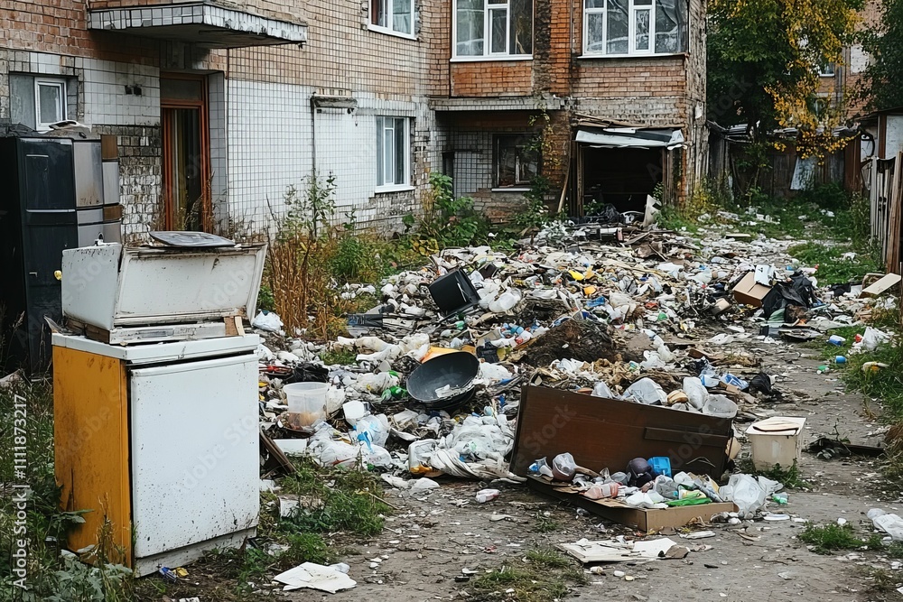 Dumpster, building, trash, debris, overgrown lot. Dumpster, building, trash, debris, overgrown lot.