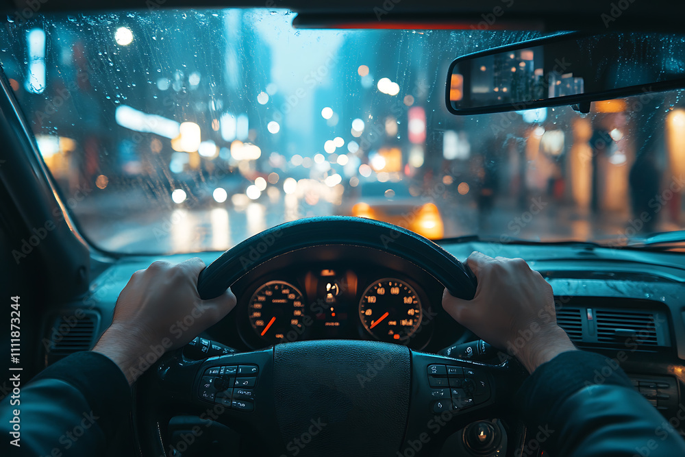 Driver's hands holding a car steering wheel, showcasing control and focus, with a blurred cityscape visible in the background Driver's hands holding a car steering wheel, showcasing control and focus, with a blurred cityscape visible in the background