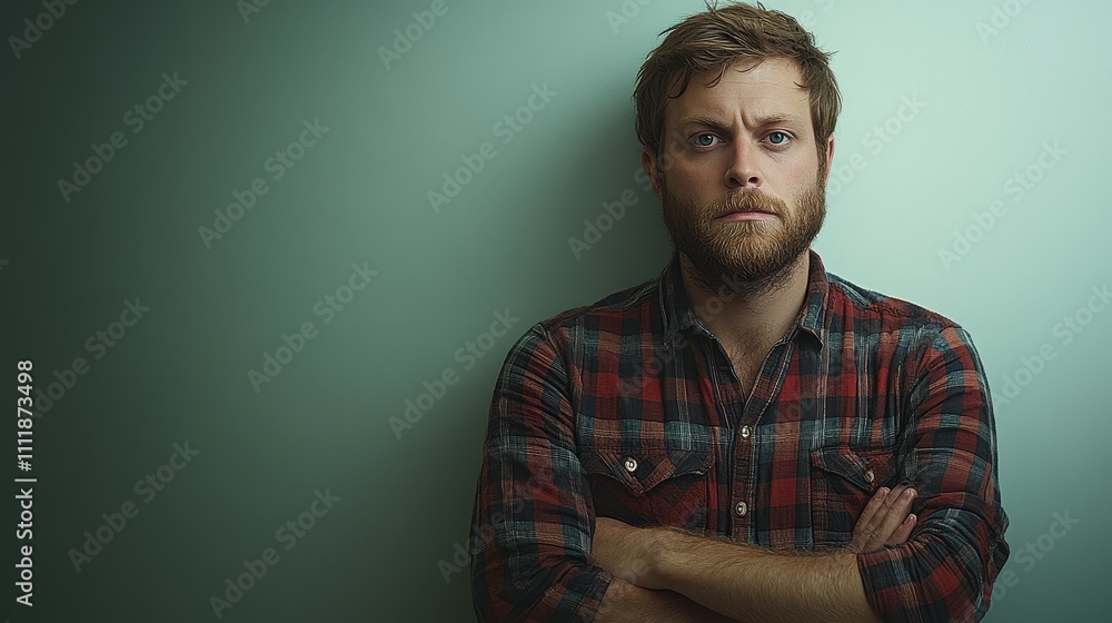Fototapeta premium A man with a beard and a plaid shirt is standing with his arms crossed. He looks unhappy and is staring at the camera