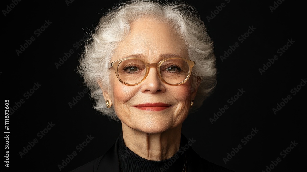 A woman with glasses and a smile on her face. She is wearing a black jacket and a black shirt A woman with glasses and a smile on her face. She is wearing a black jacket and a black shirt