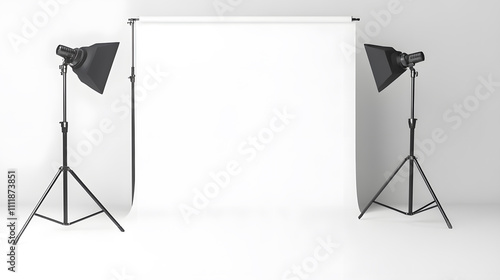 Empty studio with a smooth white cyclorama wall, equipped with different soft boxes, isolated on white background mock up