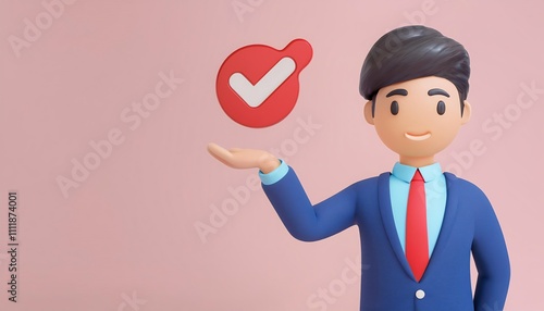 A cheerful cartoon character in a suit holds a red checkmark symbol against a soft pink background, representing approval or success. photo