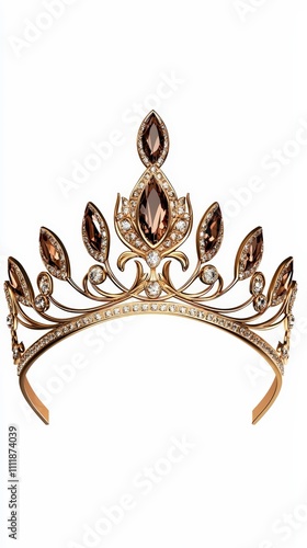 Elegant golden crown adorned with sparkling gemstones, perfect for weddings, pageants, or royal-themed events. photo