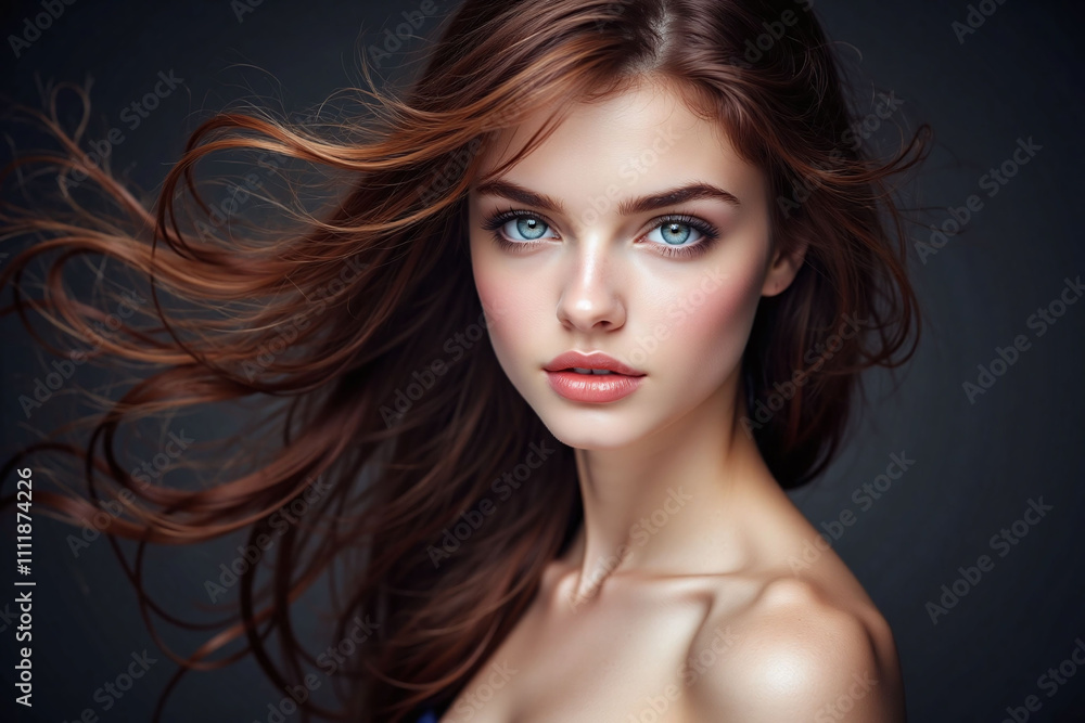 Naklejka premium Young woman with long hair blue eyes wearing strapless