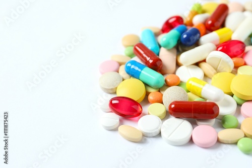 Various medicine pills and capsules on white background 