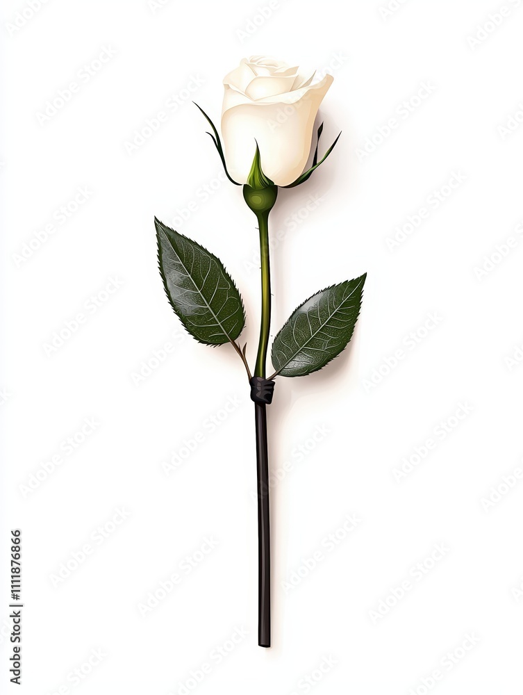 Obraz premium Elegant white rose with green leaves on a white background, symbolizing purity and beauty, perfect for floral designs and decorations.