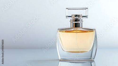 A minimalistic display of a signature perfume bottle, resting on a reflective surface that subtly mirrors its shape, highlighted by warm studio lighting. The clean white background adds an air of photo