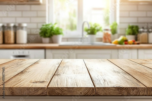 Empty wooden table in a bright kitchen.