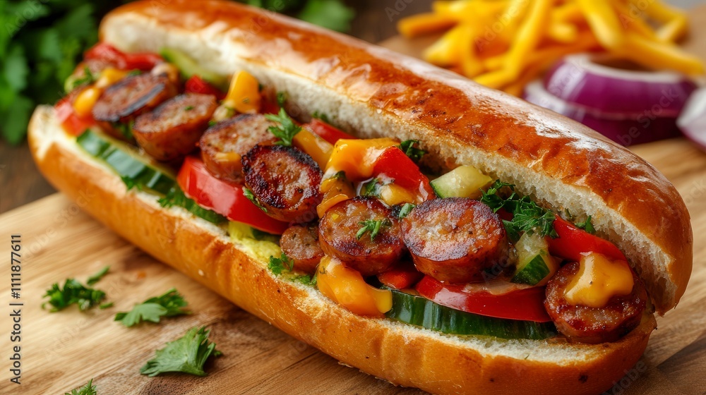 Delicious Sausage Hot Dog with Fresh Toppings Delicious Sausage Hot Dog with Fresh Toppings