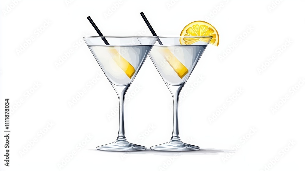 Two elegant martini glasses with lemon garnish and black straws, perfect for a sophisticated cocktail party setting. Two elegant martini glasses with lemon garnish and black straws, perfect for a sophisticated cocktail party setting.