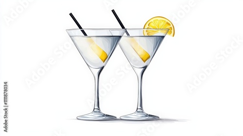 Two elegant martini glasses with lemon garnish and black straws, perfect for a sophisticated cocktail party setting.