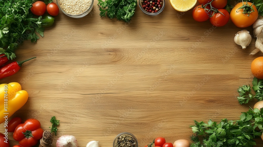 Fresh Vegetables and Herbs on Wooden Surface
