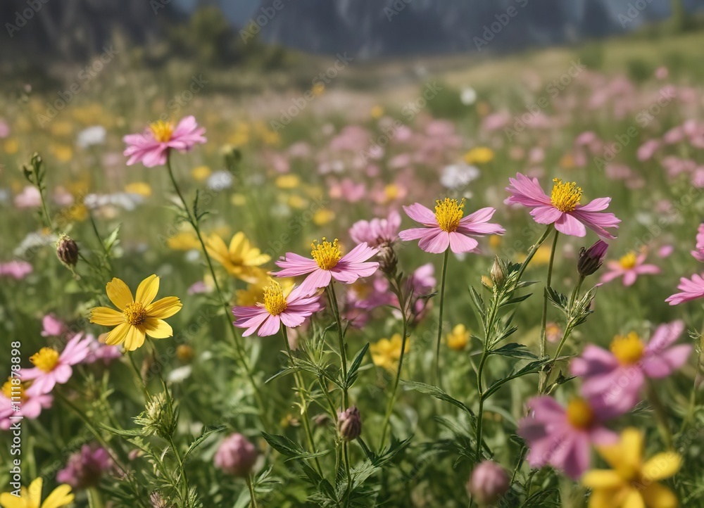 Soft petals of pink and yellow wildflowers swaying gently in the breeze , field, wildflowers Soft petals of pink and yellow wildflowers swaying gently in the breeze , field, wildflowers