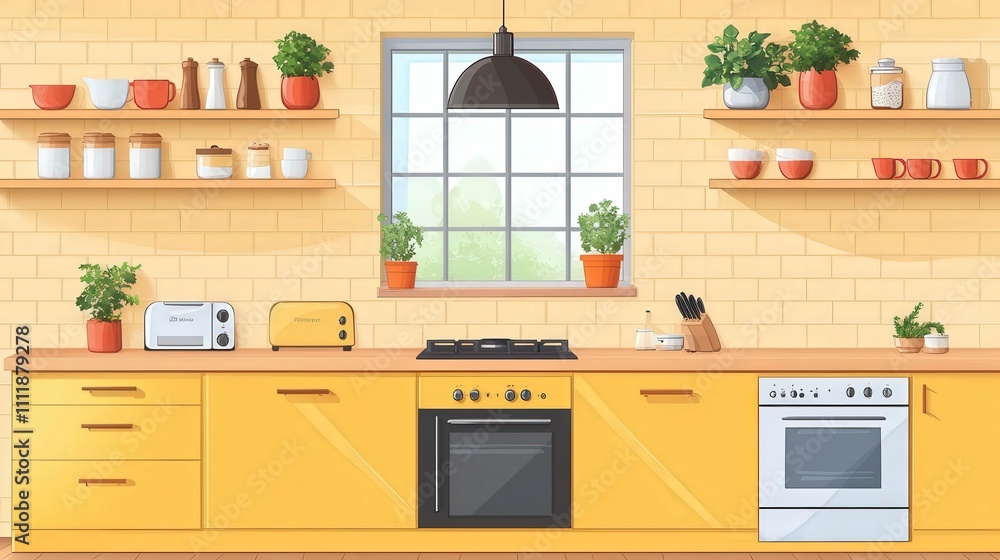 Modern Bright Kitchen with Yellow Cabinets and Plants Modern Bright Kitchen with Yellow Cabinets and Plants