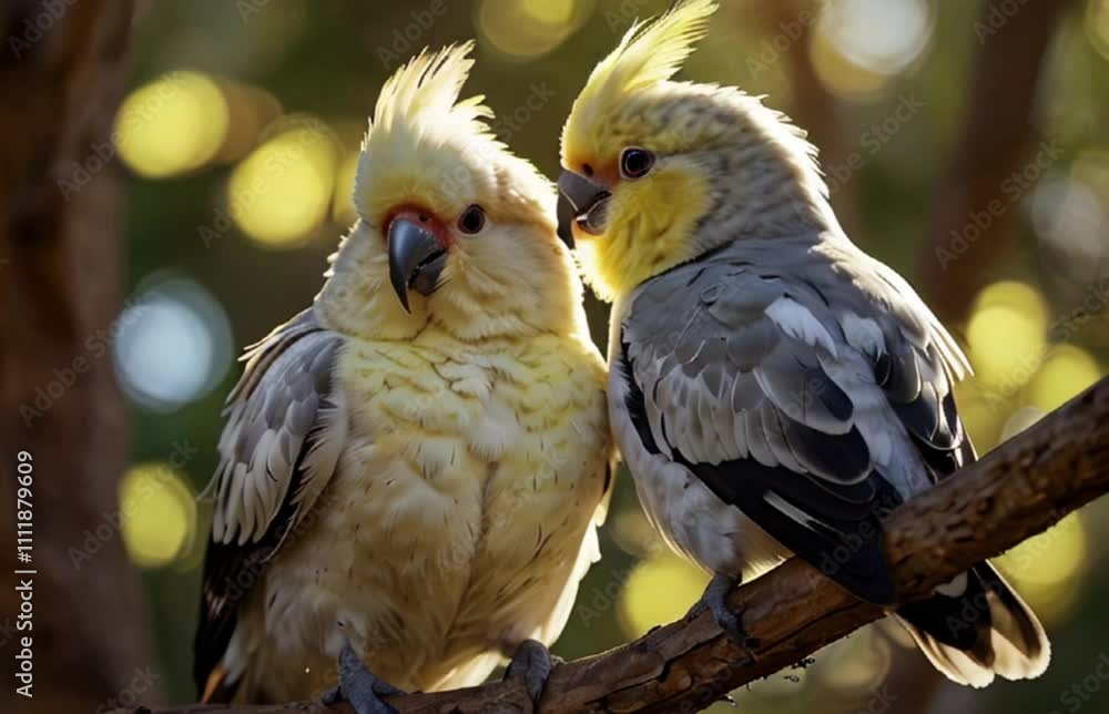 Wildlife Animation. Cockatiels perched in the Australian outback, showcasing their soft feathers and gentle demeanor, with warm sunlight casting a soft glow. Realistic motion. Wildlife Animation. Cockatiels perched in the Australian outback, showcasing their soft feathers and gentle demeanor, with warm sunlight casting a soft glow. Realistic motion.