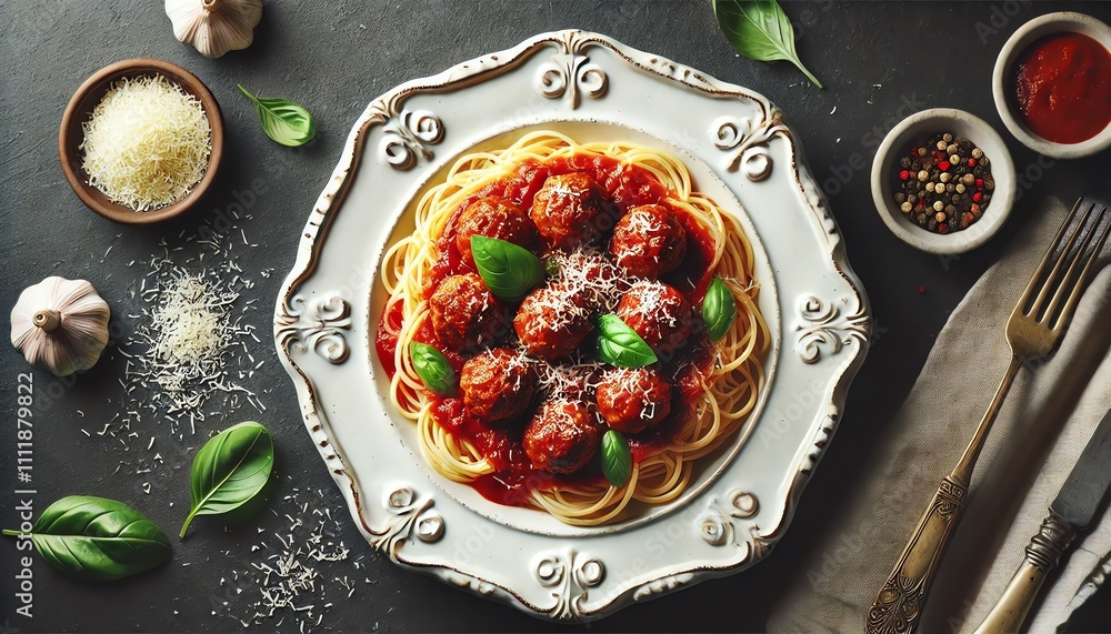 A plate of spaghetti and meatballs on a white plate with a decorative, wavy edge A plate of spaghetti and meatballs on a white plate with a decorative, wavy edge