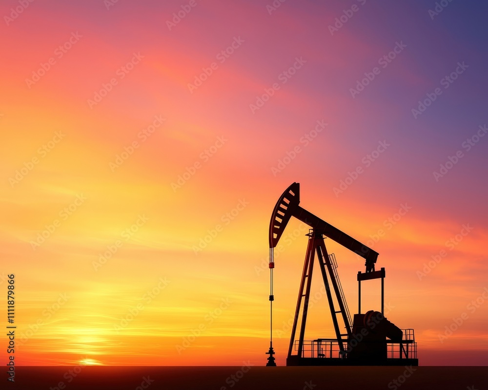 A large oil rig is in the foreground of a beautiful sunset A large oil rig is in the foreground of a beautiful sunset
