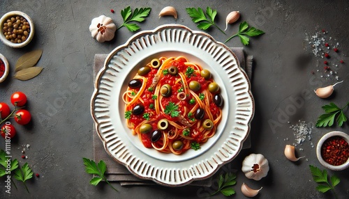 Wallpaper Mural A plate of Pasta Puttanesca on a white plate with a decorative, wavy edge Torontodigital.ca