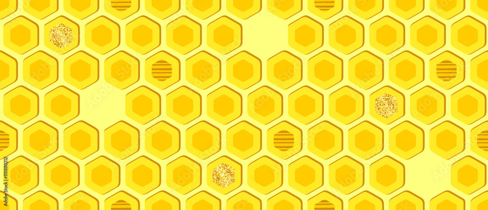 Yellow background of bee honeycombs with glitter, striped decor and empty cells. Abstract endless texture with hexagons. Vector seamless pattern for honey product, packaging, surface texture, printing Yellow background of bee honeycombs with glitter, striped decor and empty cells. Abstract endless texture with hexagons. Vector seamless pattern for honey product, packaging, surface texture, printing