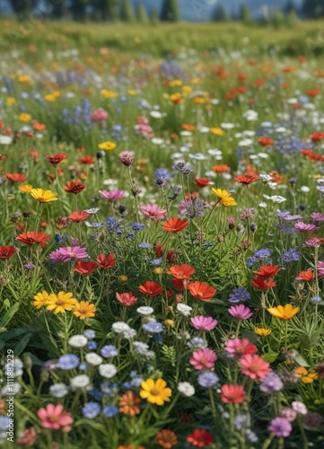 Vibrant meadow blooming with various wildflowers, natural, petals, bloom