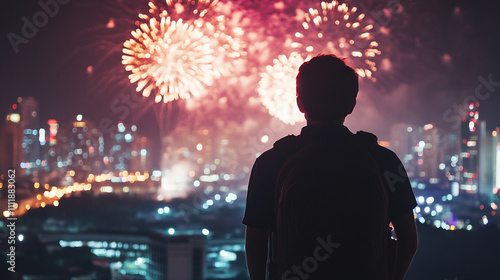 Fireworks illuminate the night sky over a cityscape during a festive celebration