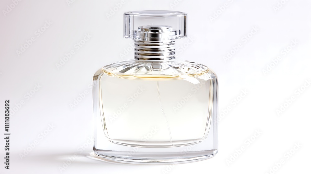 A sleek and elegant perfume bottle featuring a minimalist design, surrounded by soft, diffused lighting that highlights its contours, set against a pure white background. Product photography with A sleek and elegant perfume bottle featuring a minimalist design, surrounded by soft, diffused lighting that highlights its contours, set against a pure white background. Product photography with