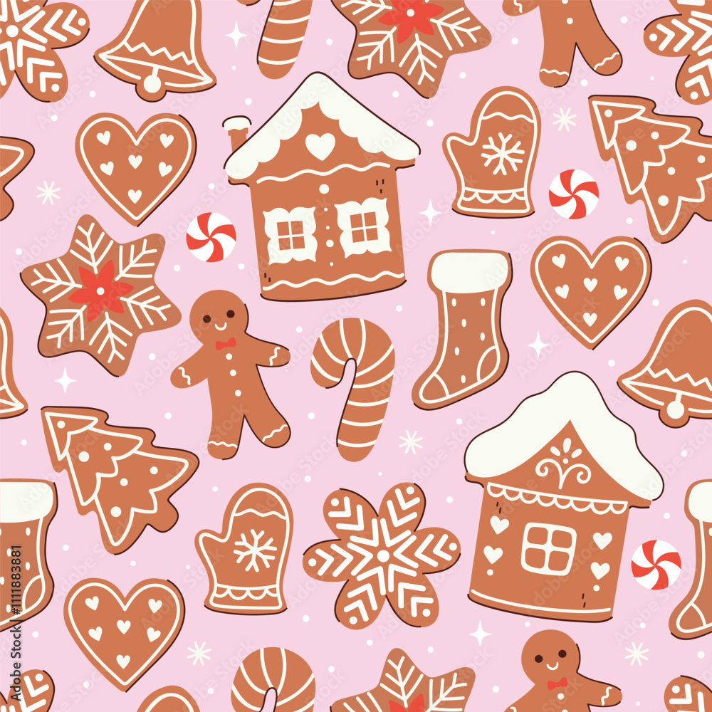 Seamless pattern with Christmas gingerbread cookies of different shapes. Vector graphics.
