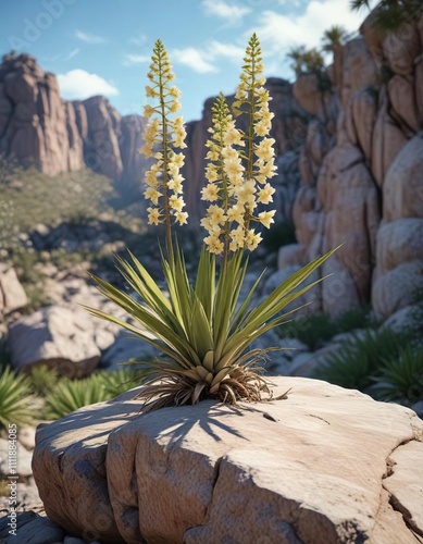 Blooming Yucca aloifolia on a rocky outcropping, Native American herb, succulent flowers, Texas Hill Country landscape photo